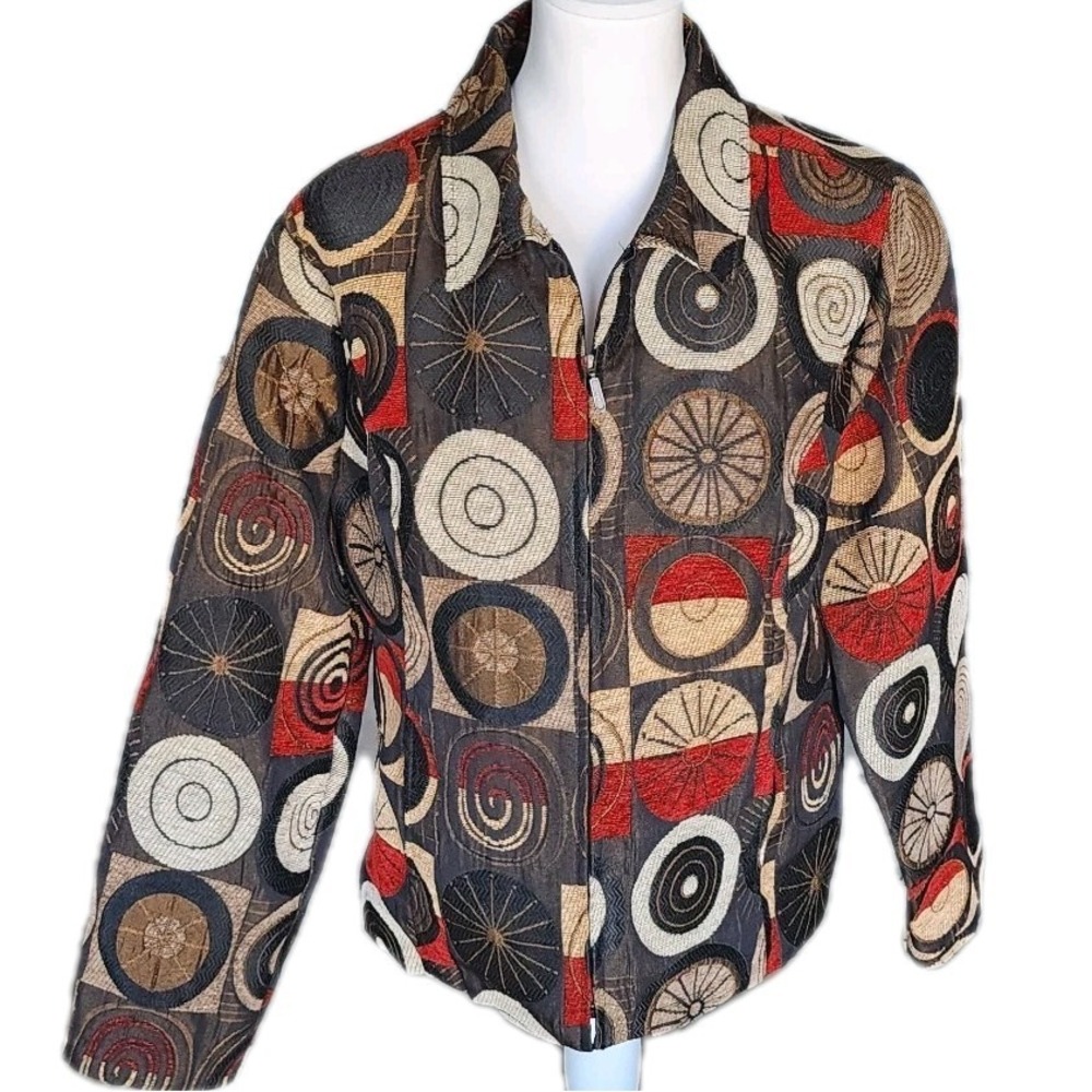Christopher & Banks Tapestry Jacket Womens Medium Brown Red Circle Zip Casual